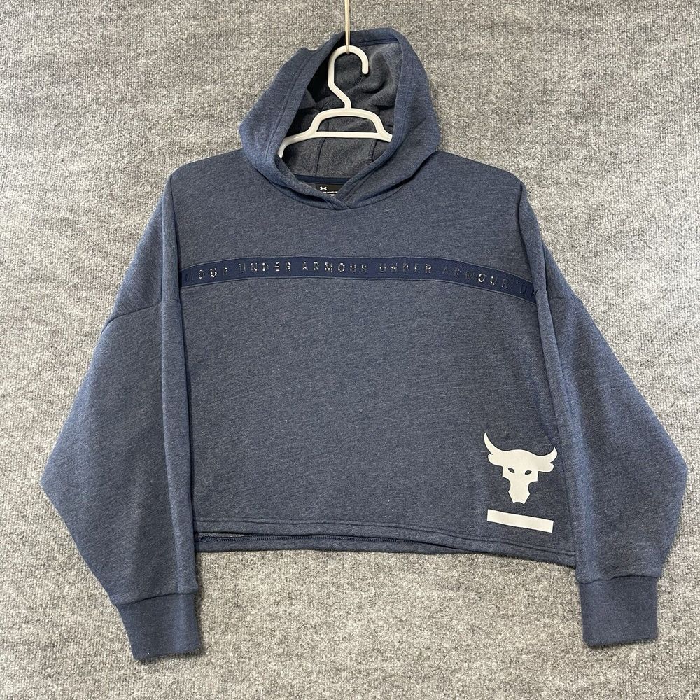 Under Armour Project Rock Fleece Long Sleeve Crop Hoodie Women Size Large Blue‎
